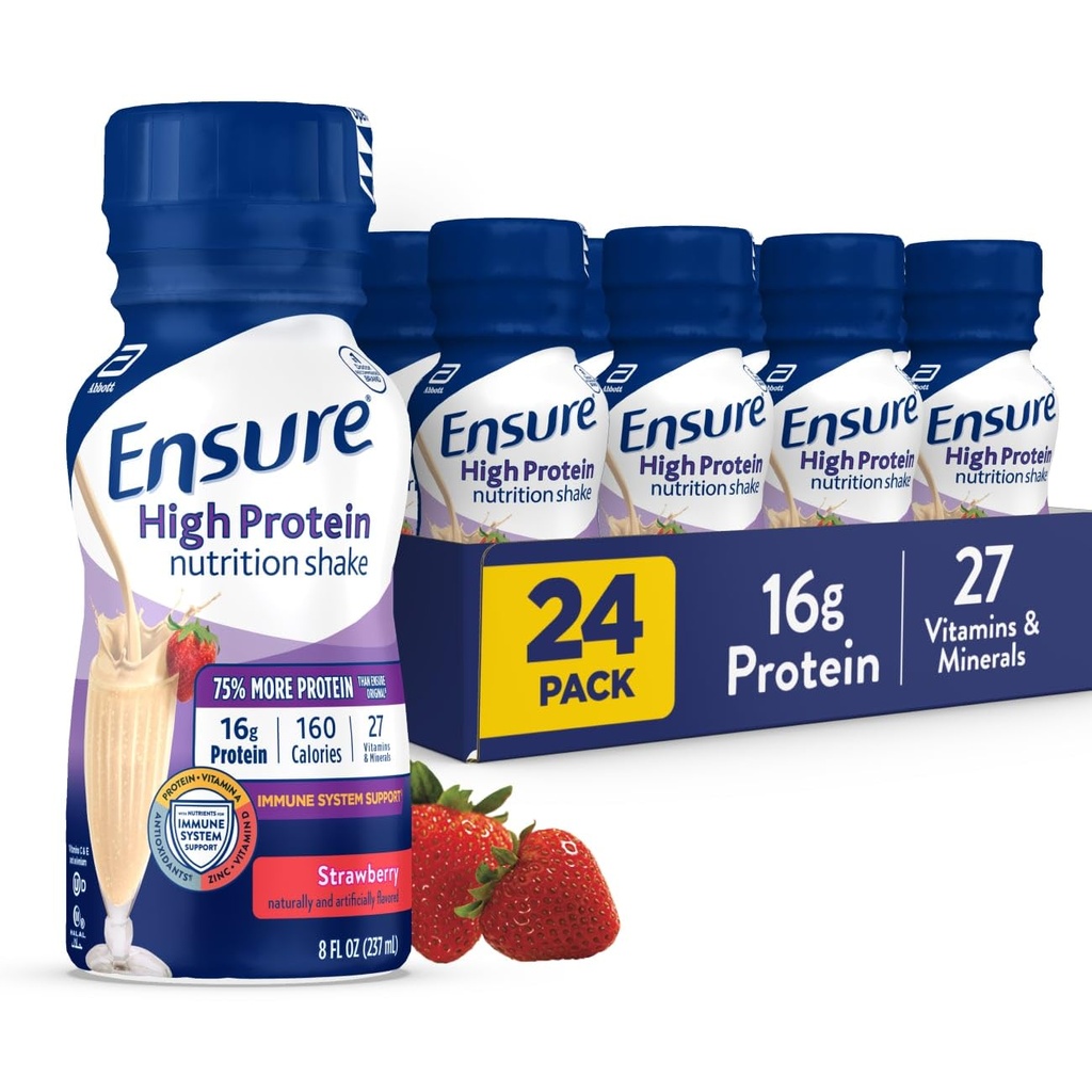 Sikre højt proteinindhold Jordbær Nutrition Shake, Klar til at drikke, 16g Protein og 27 vitaminer og mineraler, 8 fl oz, 24 Pack