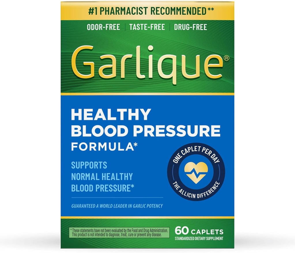 Garlique Garlic Extract Supplement, Healthy Blood Pressure Formula, Odorless & Vegan, 60 Caplets
