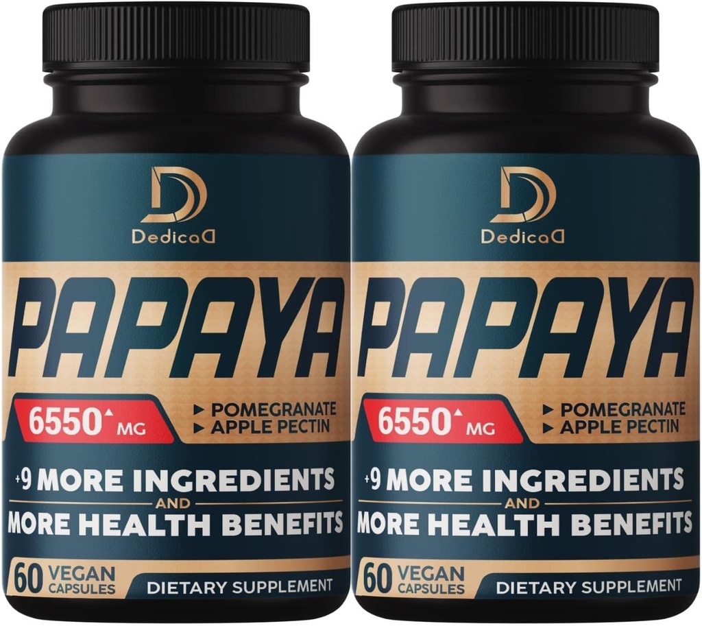 10in1 Pure Papaya enzymer til fordøjelse 6550mg 4 Måneder støtte fordøjelse, immunforsvar & Kropssundhed - Blandet med ekstraheret Pomegranat, Apple Pectin, Ingefær, gurkemeje, pebermynte - 2 pakker 60 tællinger