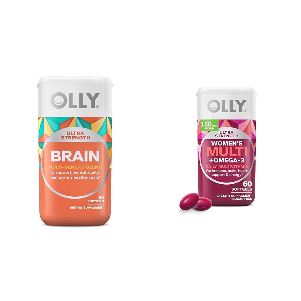 OLLY Ultra Strength Brain Softels, Nootrop, Understøtter sund hjerne funktion, Hukommelse, Focus & Ultra Kvinder Multi Softels, Samlet sundhed og immunforsvar Support, Omega- 3s, Jern, Vitaminer A, D