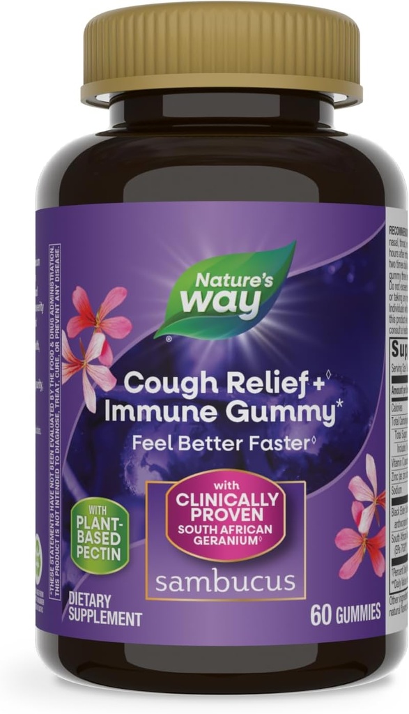 Nature 's Way Sambucus Cough Relief +, immungummi, føler bedre hurtigere, klinisk bevist South African Geranium Root Extract, med Elderberry Extract, C-vitamin & zink, 60 gummies (Packaging May Vary)