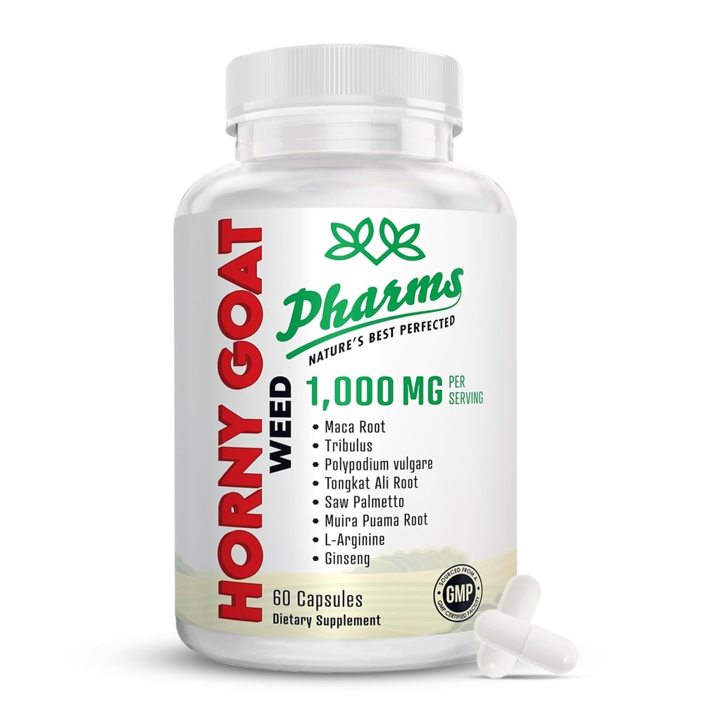 PHARMS Hornyboatweed til mænd og kvinder (1000 mg) - Energi & Stamina kapsler med Maca Root, Tribulus, Tongkat Ali, Saw Palmetto & Ginseng - kvindelige & mandlige ydeevne ekstraudstyr supplement - 60 kapsler
