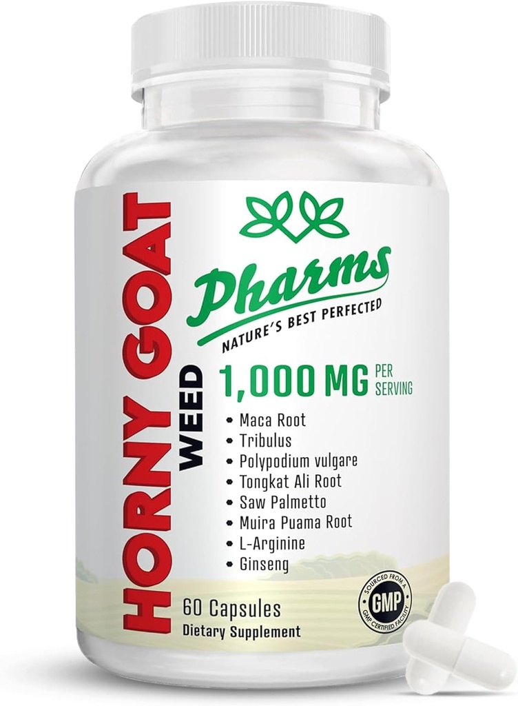 PHARMS Hornyboatweed til mænd og kvinder (1000 mg) - Energi & Stamina kapsler med Maca Root, Tribulus, Tongkat Ali, Saw Palmetto & Ginseng - kvindelige & mandlige ydeevne ekstraudstyr supplement - 60 kapsler