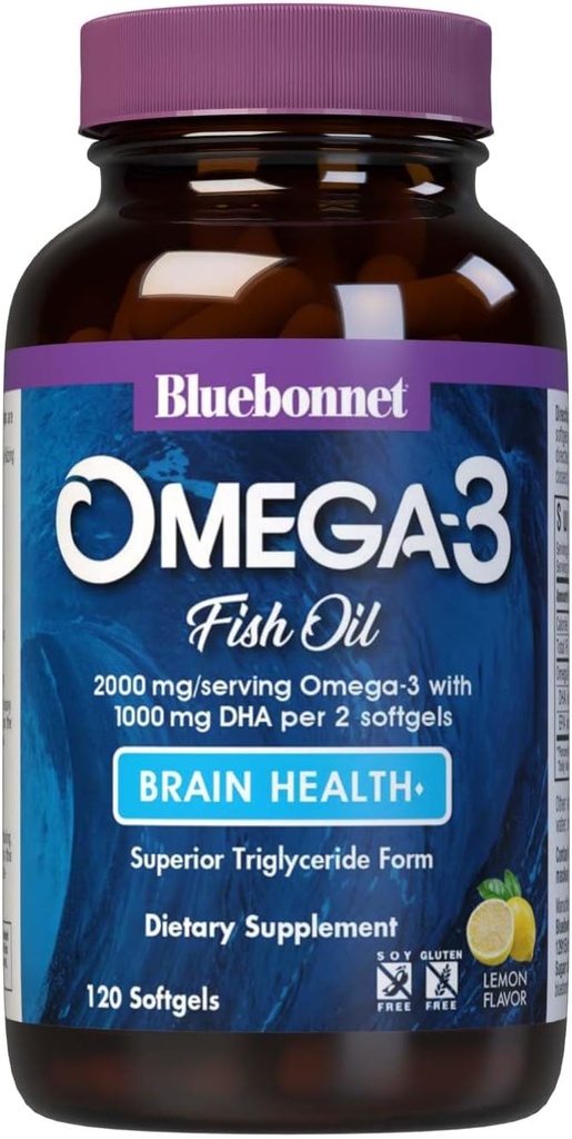BlueBonnet Nutrition Omega-3 Brain Formel Natural Wild Caught Triglycerid Form DHA 1000 mg EPA 210 mg, Højkoncentreret Kognitiv Sundhed & Wellness Support, Gluten- Free Softgel, Gul / Clear, Lemon, 120 Greve
