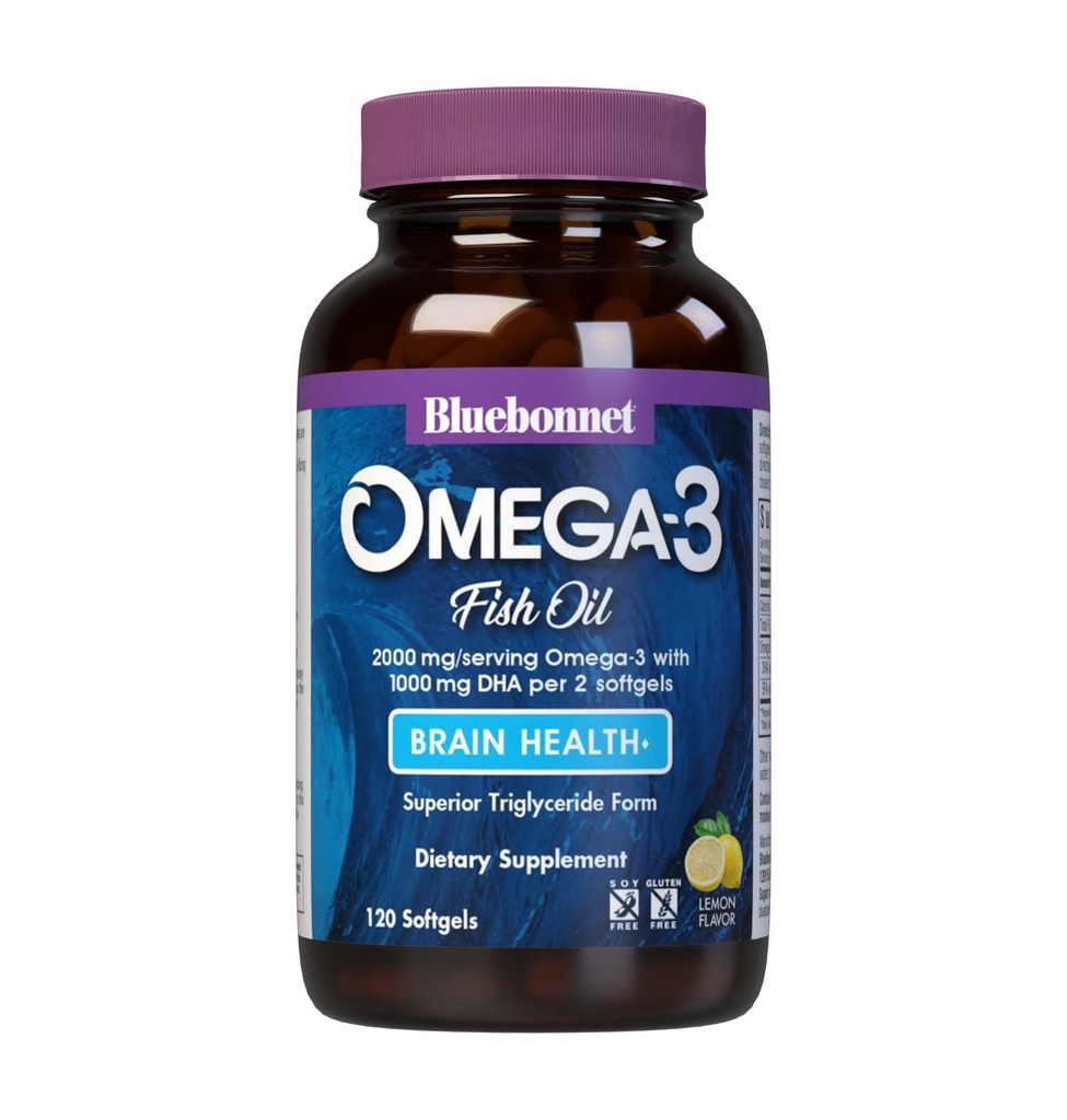 BlueBonnet Nutrition Omega-3 Brain Formel Natural Wild Caught Triglycerid Form DHA 1000 mg EPA 210 mg, Højkoncentreret Kognitiv Sundhed & Wellness Support, Gluten- Free Softgel, Gul / Clear, Lemon, 120 Greve