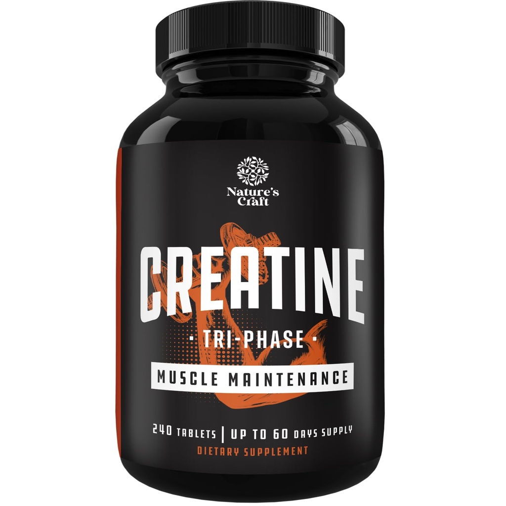 Natures Craft High Strength Tri fase Creatine Tablets for Women & Men - Formel Blend of Creatine Monohydrat, 300mg HCL & Pyruvat Supplement - Muscle Mass Gain & Recovery Supplement - 240 tabletter