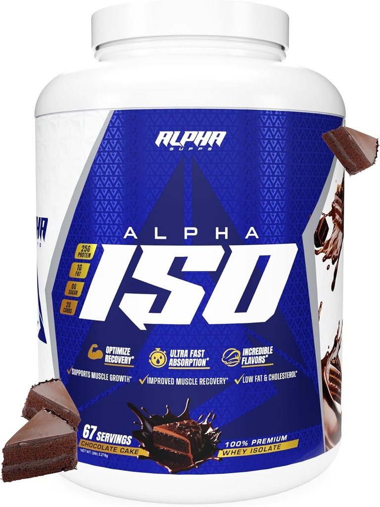 Alpha Supps ISO, Lav Carb 100% Whey Protein Isolate Powder, 25 Bedste Per Servering, Hjælper Support Muskelvækst, Lav Sukker og Gluten Free (Chokolade Cake, 5 LB)