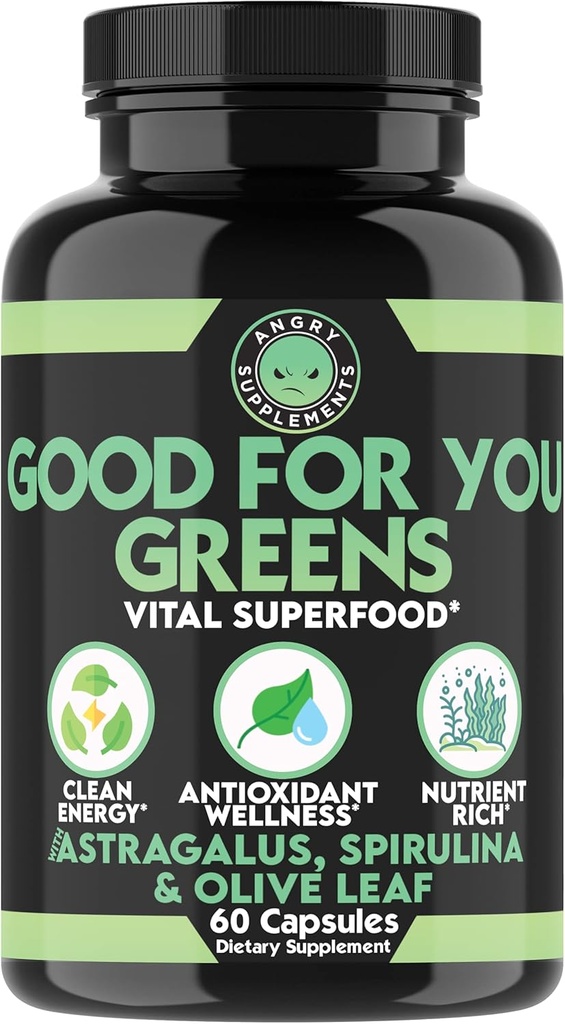 Vred Kosttilskud Godt for dig Grønne, Vital Green Super Food Blend til immunforsvar Booster Formel, Infunded med Spirulina, Astragalus Root, og Olive Leaf Root Extract (1-flaske)