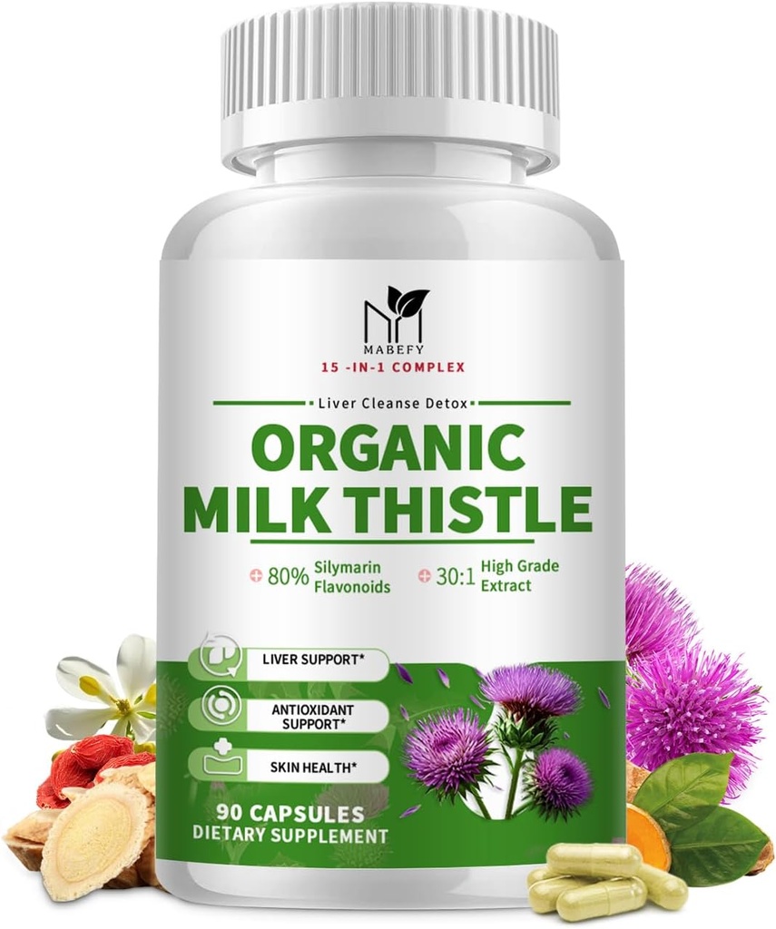 Økologisk mælk tidsel lever Detox supplement - 15-in-1 Formel med Silymarin, antioxidanter, & planteblend - 90 kapsler