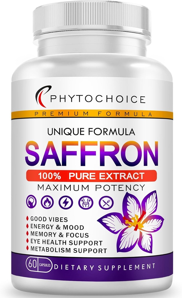 Safran Supplements- 100% Pure Safran Extract Capsule- Boost Energy & Mood, Support Eye & Heart Health, Focus, Vision - Pure Safran Extract 88,5 mg - Lavet i USA for kvinder & mænd 60 Veganske kapsler