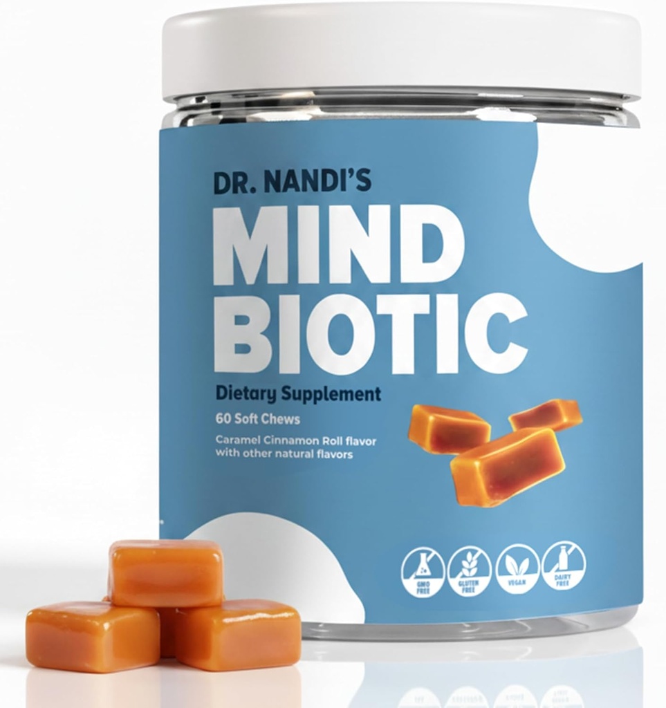 Dr. Nandi 's MindBiotic Brain & Digative Health Supplement - KSM- 66 Ashwagandha, Probiotika & Prebiotics - Understøtter hukommelse, fokus, energi & Gut- Brain Connection - 300MG - 60 Karamel kanel Chews