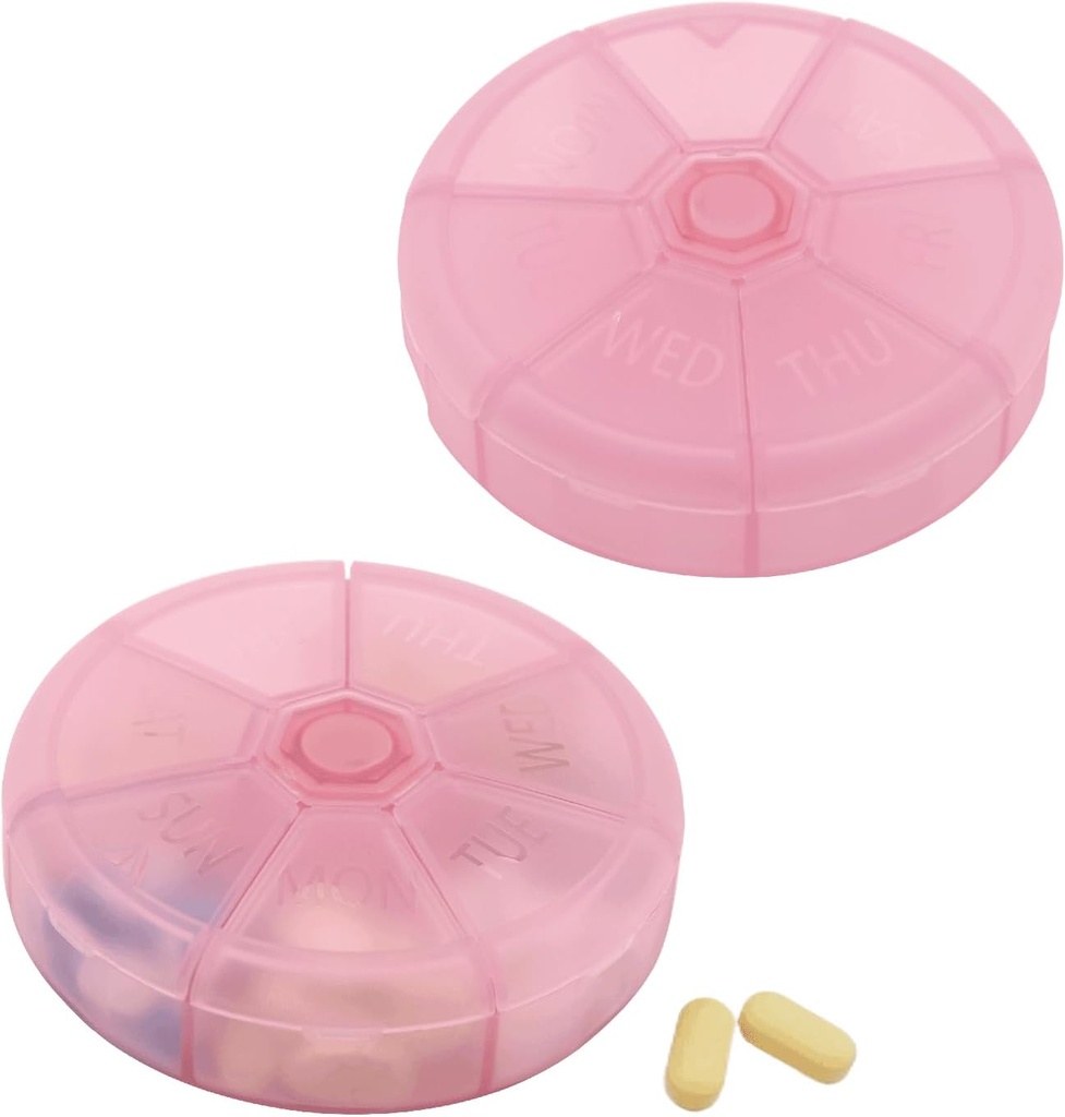 Bærbar Ugentlig Pill Organizer 7 dages piller Container, Round Pill Case Travel Friendly, Daglig Uge Pill Reminder Case, BPA- Gratis Vitamin, tillæg, Fish Oil, Medicin Planner (Pink)