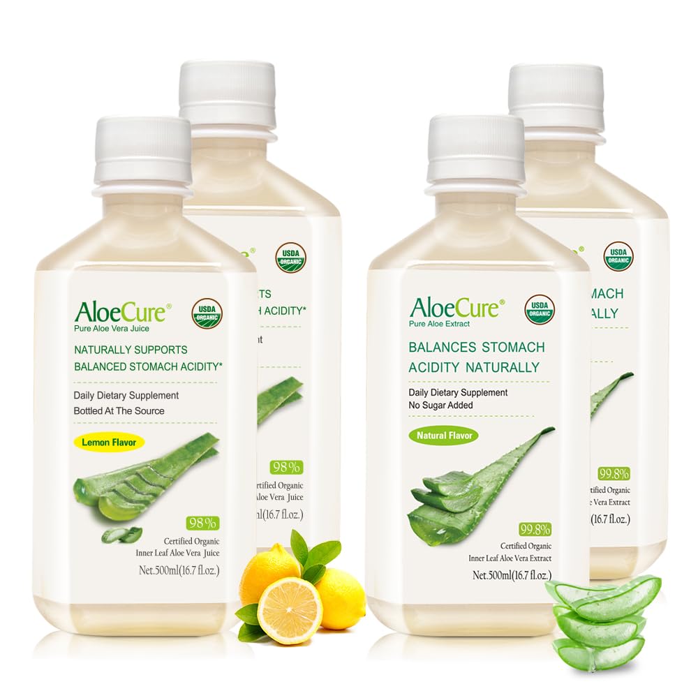 AloeCure Organic Aloe Vera Juice - 4 flaske prøve pack - Lemon & Natural Flavor, 4x500ml