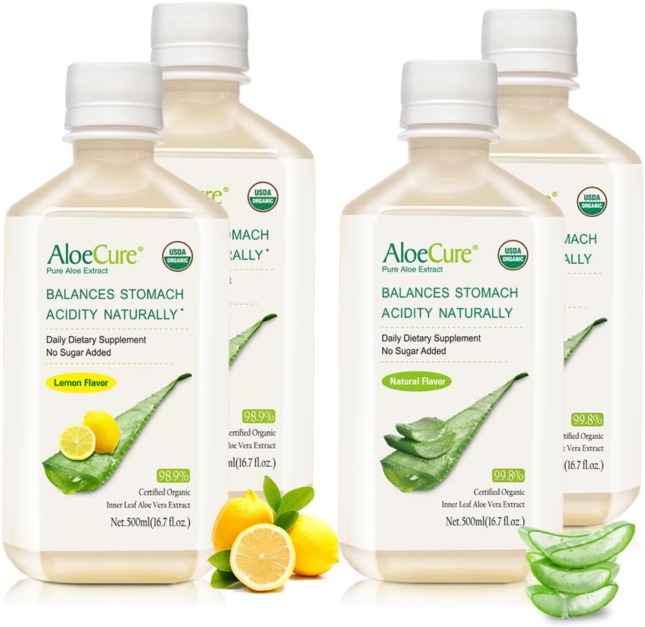 AloeCure Organic Aloe Vera Juice - 4 flaske prøve pack - Lemon & Natural Flavor, 4x500ml