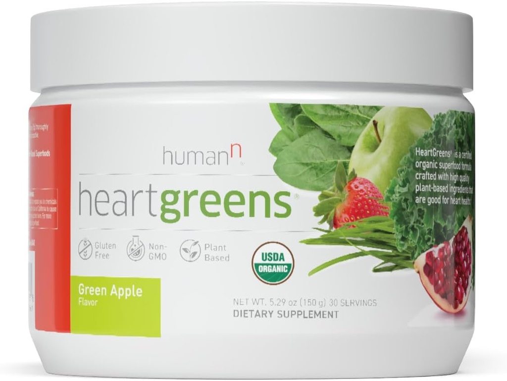 Humann HeartGreens - 124; Superfood Organic Powder med Wheatgrass, Kale, Spinach og Spirulina, USDA Organic Non- GMO, fra The Makers of SuperBeets (Green Apple Flavor, 5.29-Ounce