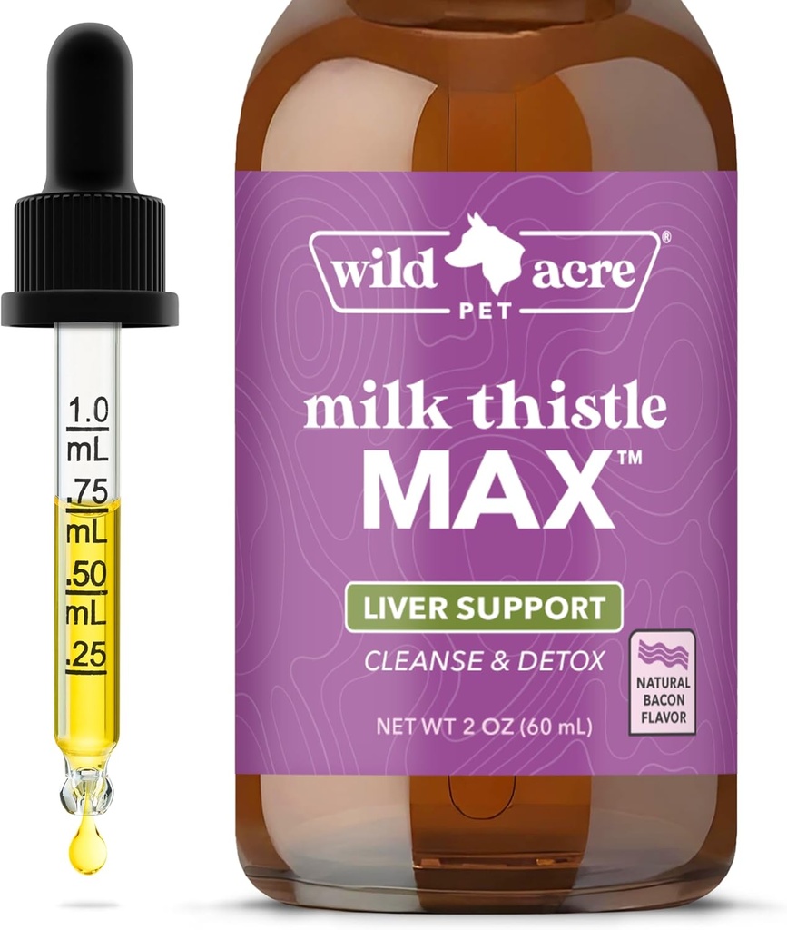 Wild Acre Milk Thistle for Dogs - Max Strength Lever Support, Cleanse & Detox - Natural Bacon Flavor - Simply Add to Food - Picky Pup Godkendt, 2 oz (60ml)