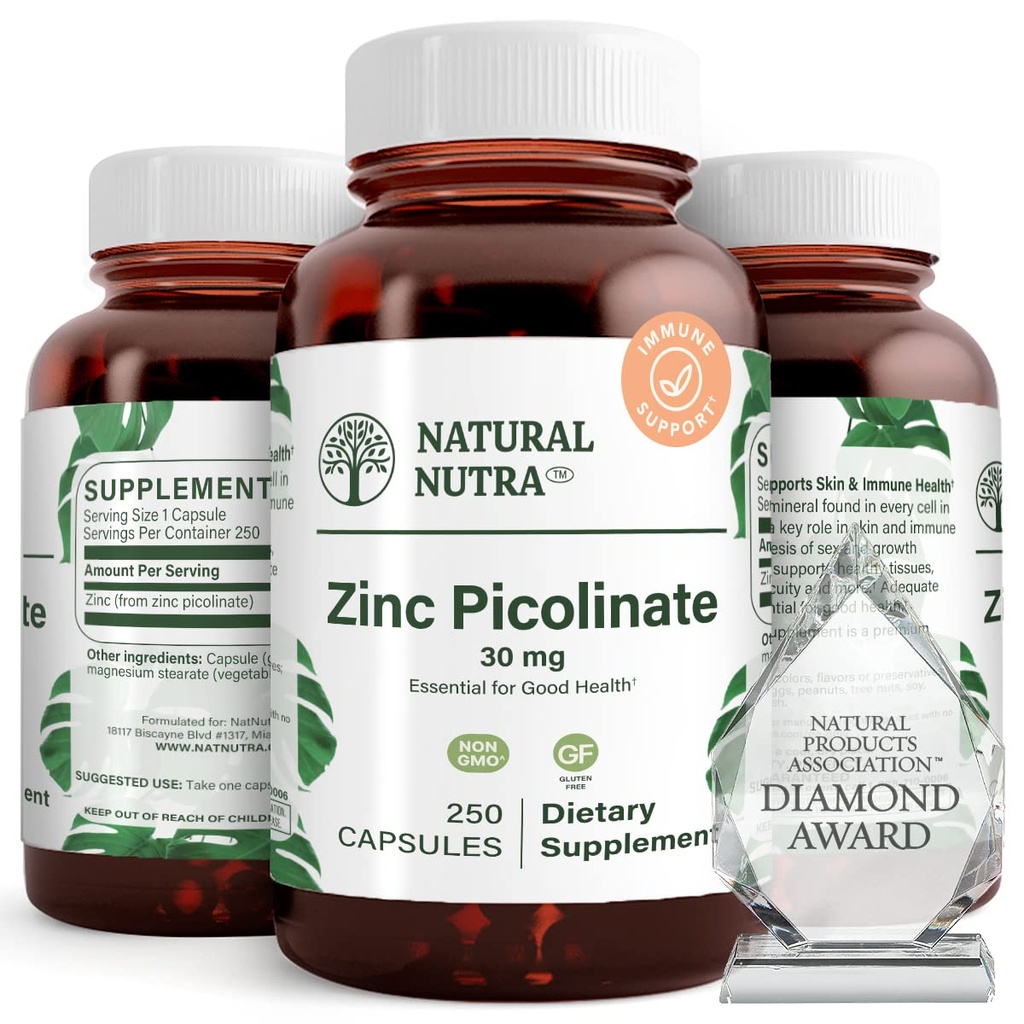 Naturlig Nutra Zink Picolinate 30 mg, Double Strength, Raw and Pure, Meget biotilgængelig Supplement for vækst og immunforsvar, Hjælper support Metabolic System, Reducere fælles koldt 250 Capsule