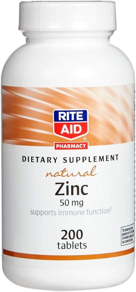 Rite Aid Natural Zink, 50 mg, 200 tabletter - Understøtter immunfunktion - Zink kosttilskud - Vitamin kosttilskud - Natural Zink supplement - Essential Mineral for antioxidant sundhed - Easy- to- Swallow