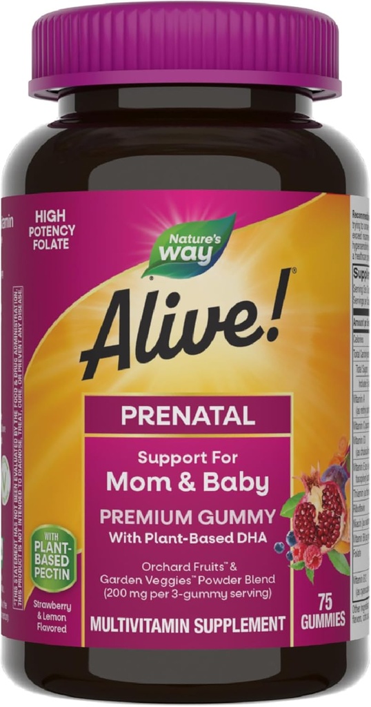 Naturen er i live! Prenatal Premium Gummy Multivitamin, High Potency Folate, Plantbaseret DHA, Vegetarisk, Jordbær og Lemon Flavored, 75 Gummies