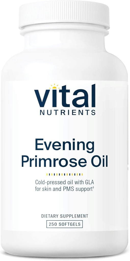 Vital Nutrients Aften Primrose Oil 1000mg • 124; Primrose Supplement for kvinder • 124; GLA Omega- 6 Fedtsyre til hud og PMS Support * * 124; Gluten, Dairy, Soy Free • 124; Non- GMO • 124; 250 Softgels