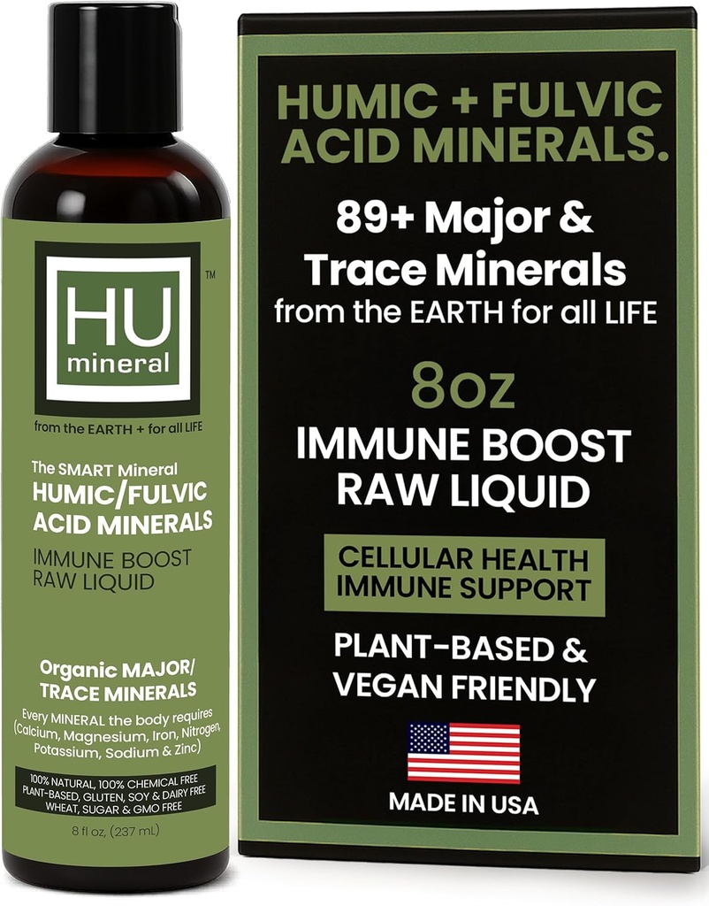 Rå Flydende Mineral - Økologisk Humansyre & Fulvic Acid - Major & Trace Minerals & Electrolytes Supplement - Plant- baseret på immunforsvar, Gut & Detox Support (8 oz)