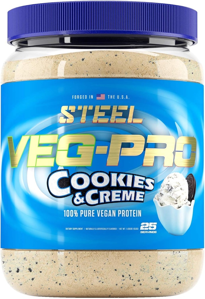 Steel Supplements Veg-PRO | Vegan Protein Powder, Cookies and Creme | 25 Servings (1.65lbs) | Protein Powder with BCAA Amino Acid | Non GMO | Non Dairy | Low Carb Formula