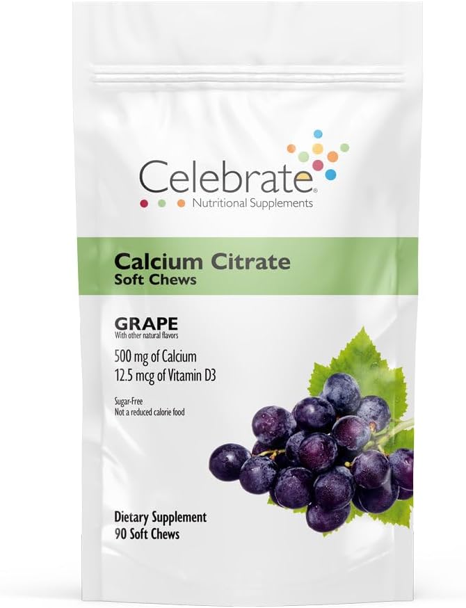 Celebrate Vitamin Bariatric 500 mg Calcium Citrate Soft Chews med 500 IE D3 Vitamin - Essential for Gastric Bypass Patienter & Knoglehelbred - Sugar & Gluten Free, Grape (90 Chews)