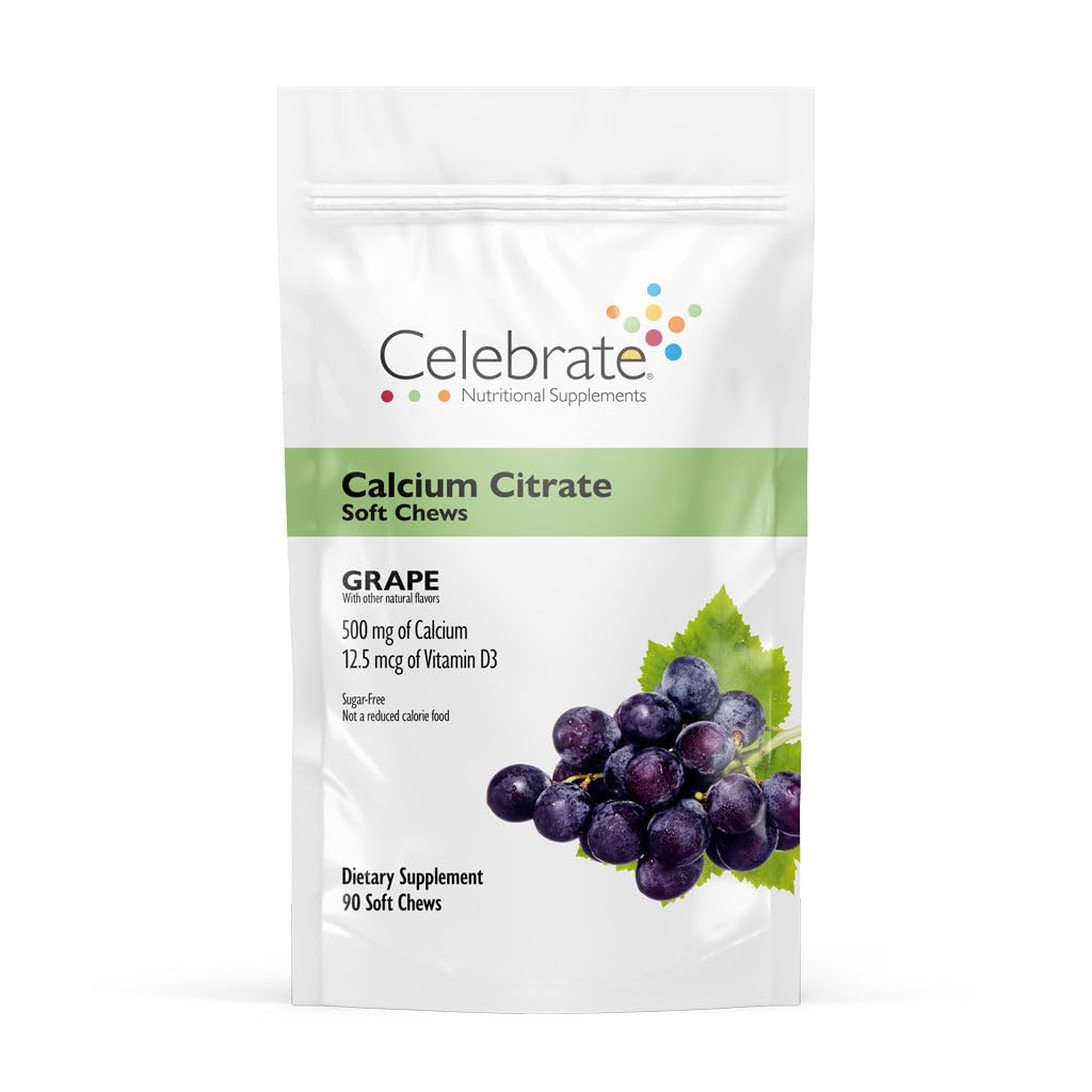 Celebrate Vitamins Bariatric Calcium Chews 500 Mg with Vitamin D3, 3 Months Supply (90 Chews) for Gastric Sleeve & Bypass, Bone Health Support, Sugar & Gluten Free, Grape