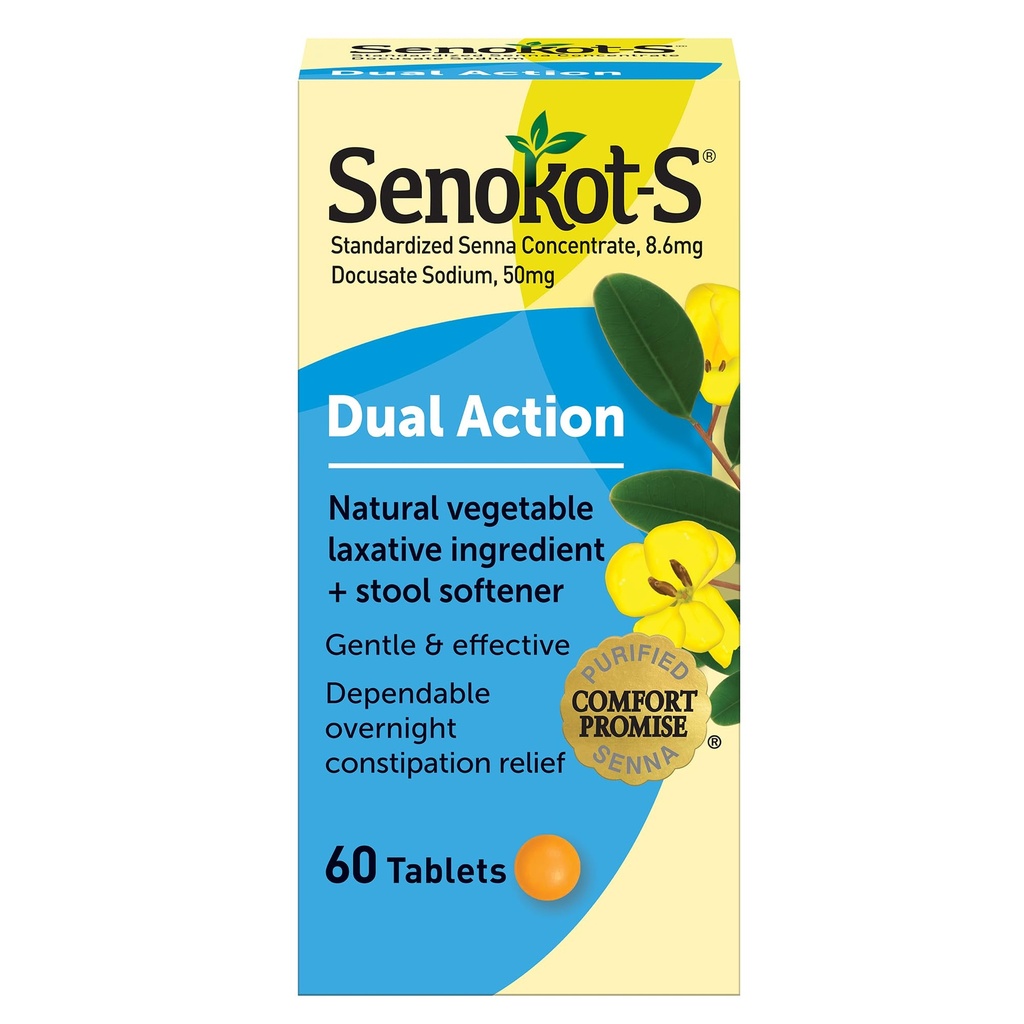 Senokot- S Dual Action 60 Tablets, Natural Vegetabilsk Laxative Ingredient Plus Afføring Blødgøringsmidler Tablets, Gendel Dependerable Overnight Relief Of Occasional Constipation Hvid