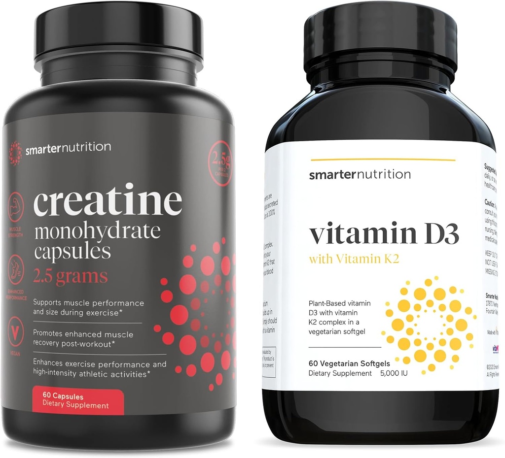 Smarter Nutrition Plant- Based D3 Vitamin med Vegan K2 Complex i en Vegetarisk Softgel & Creatinine Pills med 2500mg (2,5 g) Creatinin Monohydrat Per Serving, Vegansk Creatinine Capsules [1 - Måned Supply]