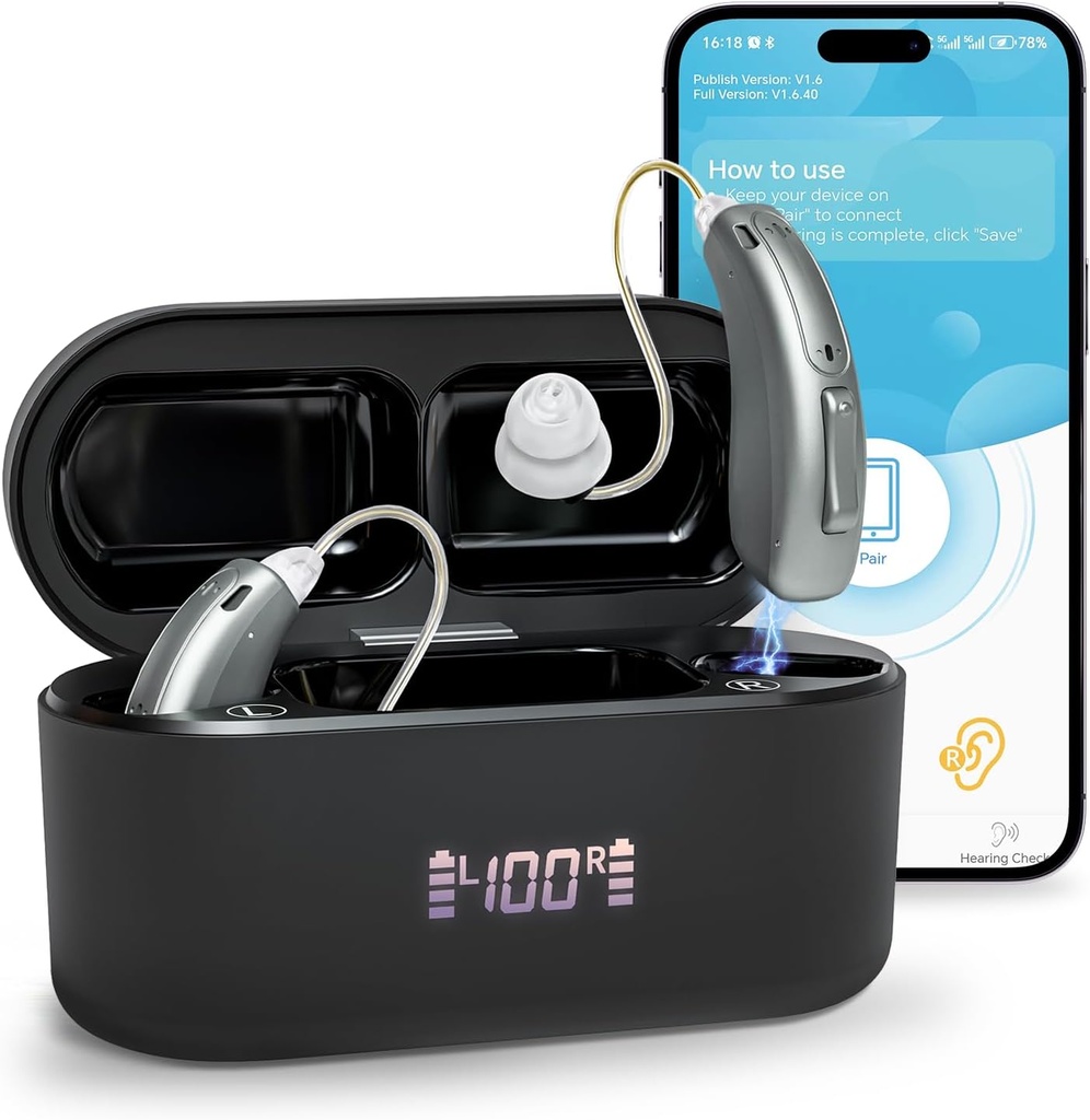 Hørehjælpemidler (ikke forstærkere), Bluetooth genopladelige høreapparater til seniorer voksne, Superior Sound Quality OTC Smart Hørehjælp med støjaflysning, Bluetooth aktiveret & App Control, 4 Modes