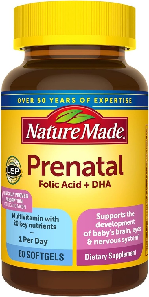 Nature Made Prenatal Vitamin + DHA Softgel med folinsyre, jod og zink, 60 Tæl
