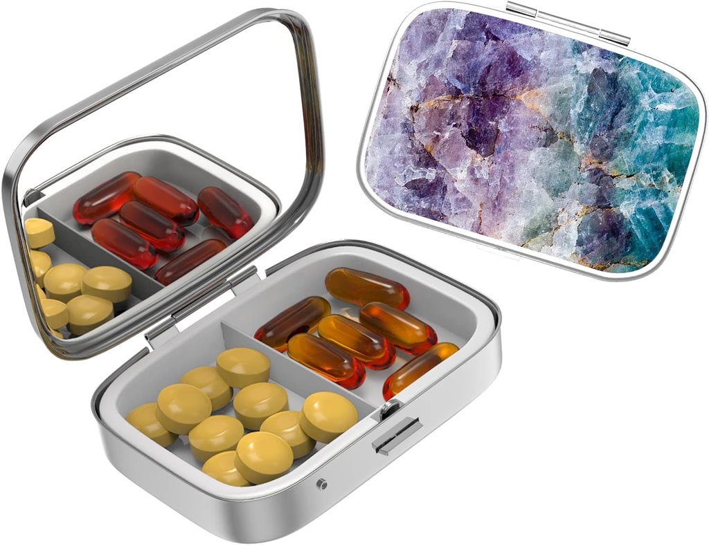 Cute Small Pill case for Pockets & Purses, Elegant Pill Box gør en stor gave, 2 Segment Travel Medicine Stores Progesteron, Capsule Pills, Ibuprofen, Vitamins-Bronze Purple Marble