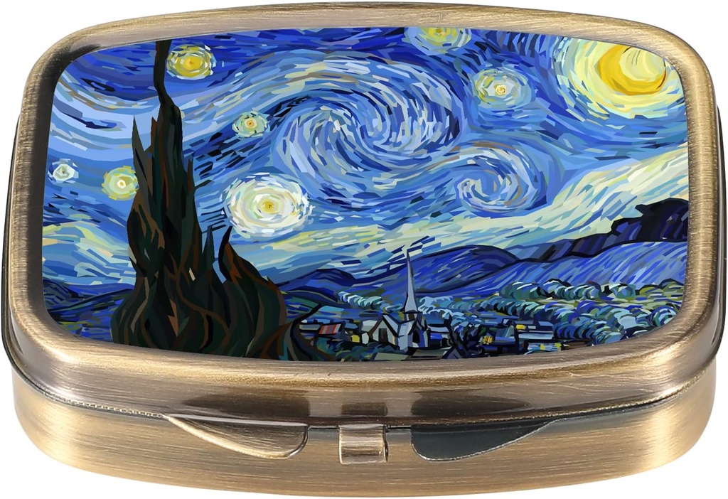 Dynippy Pill Case Pill Box med spejl Retro Pocket 2 Compartment Medicine Case Vitamin Pill Organizer for Pocket Purse and Travel (A- Van Gogh The Starry Night)