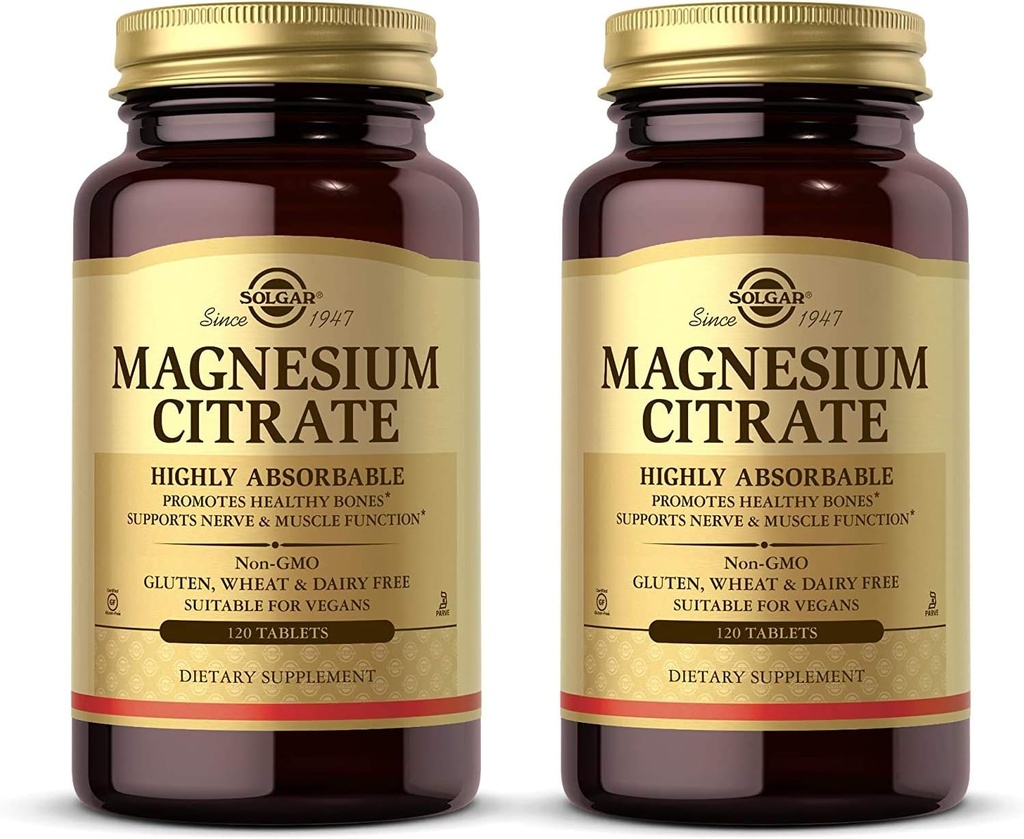 Solgar - Magnesium Citrate, 120 tabletter, understøtter nerve og muskel funktion - 2 pakke