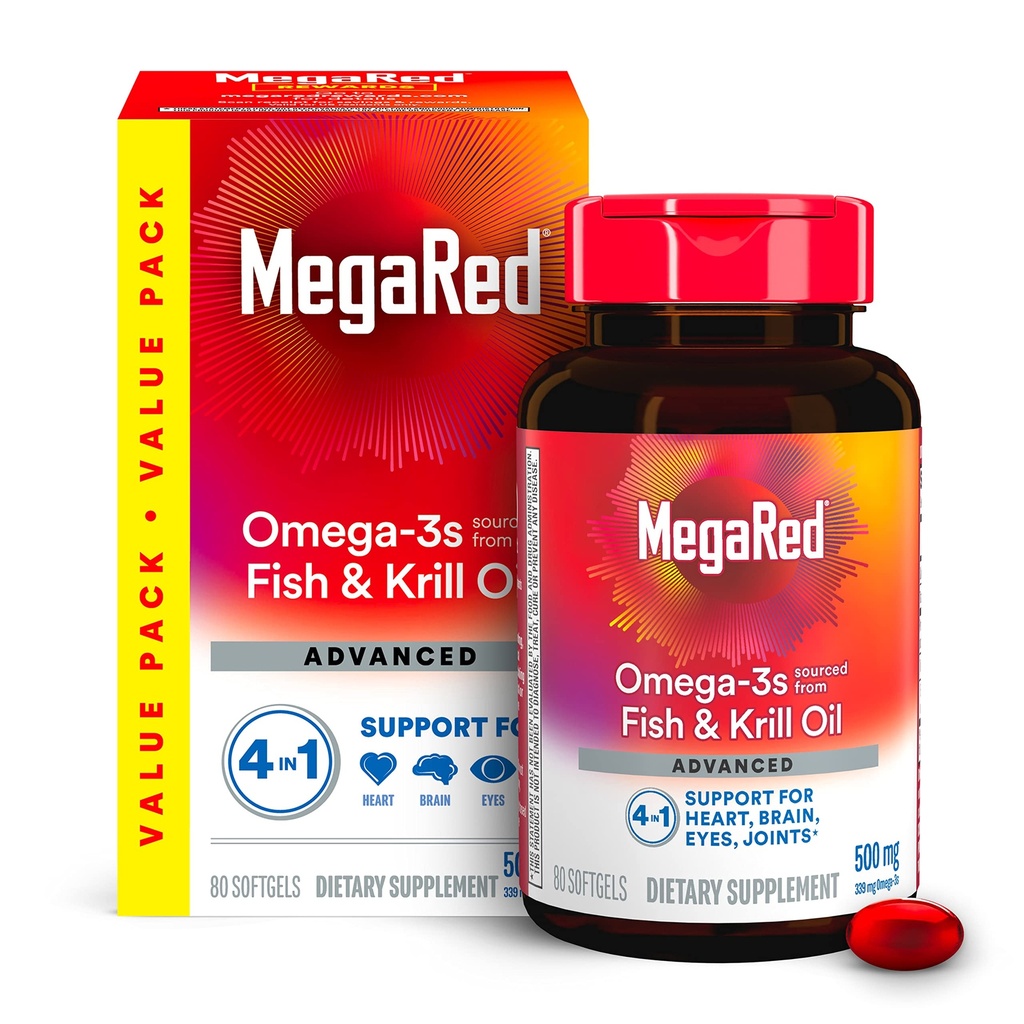 Megared Omega-3 Fish Oil + High Absorption Krill Oil 500mg Softgel, MegaRed Advanced 4in1 (80 tæller i en flaske) Koncentreret Omega-3 Fish & Krill Oil Supplement