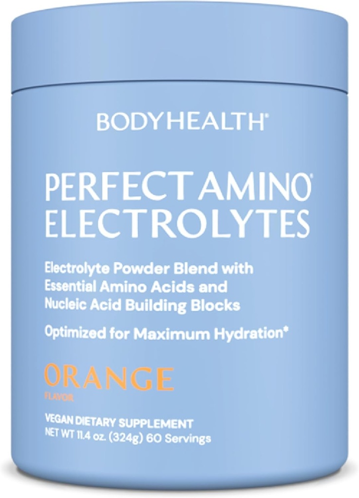 BodyHealth PerfectAmino Electrolytes Powder No Sugar, Keto Sugar Free Fasting Electrolytes Drink Mix, Hydration Powder with Trace Minerals - Orange - 60 Servere