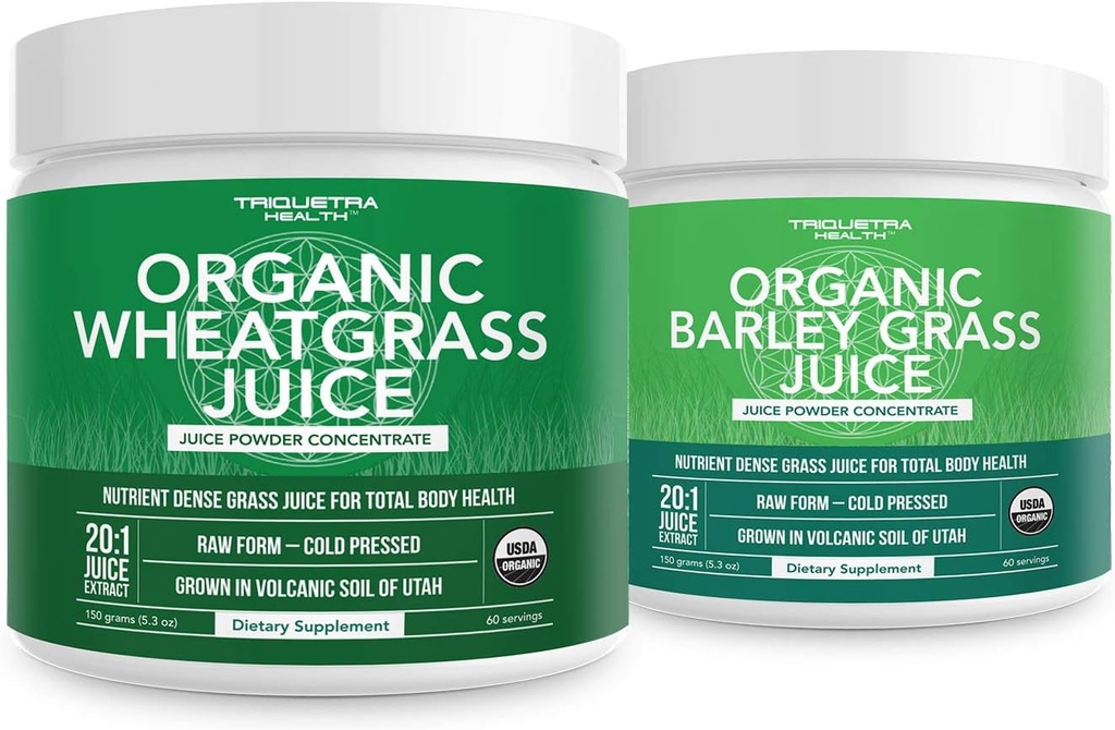 Organic Wheatgrass Juice Powder Plus Organic Barley Grass Juice Powder - USA dyrket i vulkansk Utah jord, begge rå form & 5.3 oz