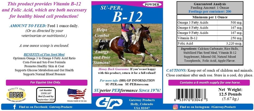 SU- PER B- 12 Energy Horse Supplement - Equine Vitaminer B- 12 & B- 9 Folinsyre Support Powder - 12,5 Pund, 6 Måned Supply