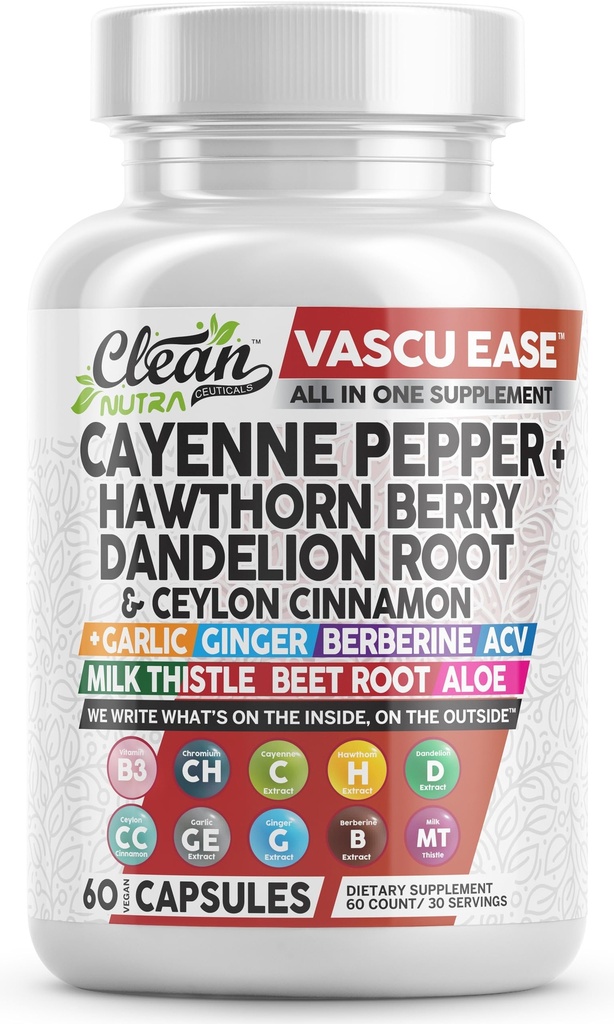 Ren Nutra Cayenne Pepper Kapsler Supplement med Hawthorn Berry, Mælkebøtte Root, Ceylon Cinnamon, Hvidløg, Ingefær, Berberine, Apple Cider Vincils, Milk Thistle, Beet Root, Aloe Vera Pills & mere