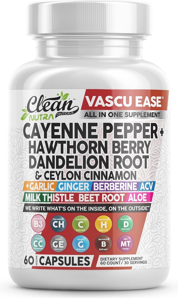 Ren Nutra Cayenne Pepper Kapsler Supplement med Hawthorn Berry, Mælkebøtte Root, Ceylon Cinnamon, Hvidløg, Ingefær, Berberine, Apple Cider Vincils, Milk Thistle, Beet Root, Aloe Vera Pills & mere
