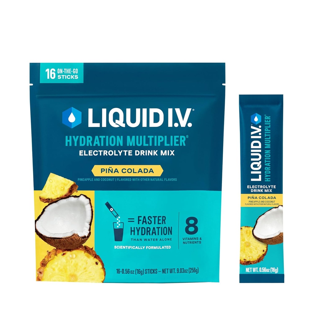 Flydende I.V. ® Hydration Multiplier ® - Piña Colada - Hydration Powder Packets - 124; Elektrolyte Powder Drink Mix 124; Praktisk Single-Serving Sticks - 124; Non- GMO - 124; 16 Servering (pakke med 12)
