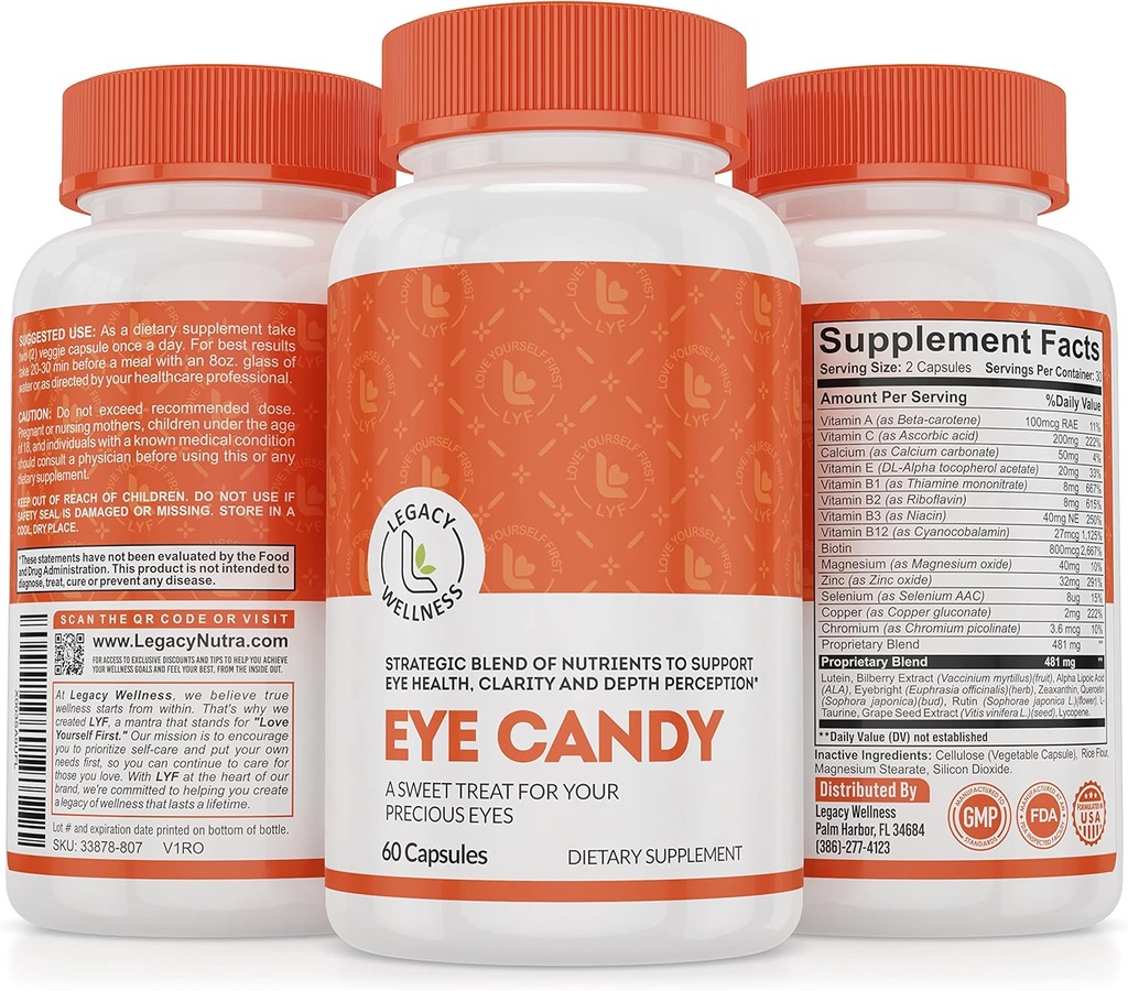 Legacy Wellness Eye Candy Eye Vitamin med Lutein, Zeaxanthin, Calcium, Biotin, kobber, Zinkpiller + understøtter Vision Sundhed hos ældre voksne + Eye Strain fra alt for meget Screen tid, tørre øjne kosttilskud