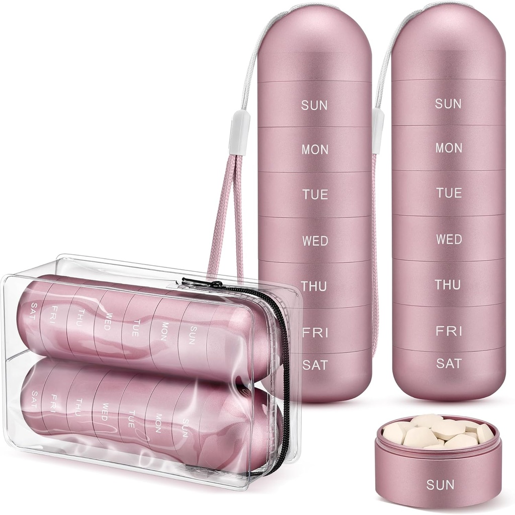 [2 Pack] Zannaki Metal Travel Pill Organizer, Transportable Vandtæt Ugentlig Pill Box, Stor Aluminium Alloy Pill Case Container, BPA Gratis 7 Dag Daglig Medicin Organizer Holder for Vitamin, tillæg