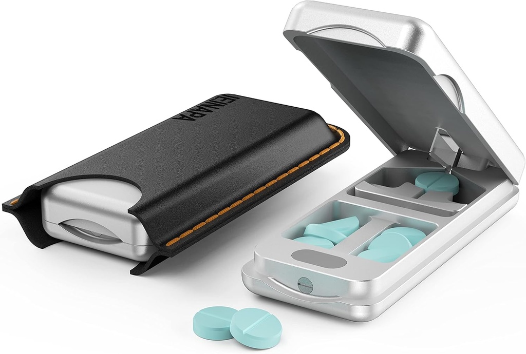 Pill Cutter med Auto Centing Device, Aluminium Pill Splitter med 316L Stainless Blade, Ægte læder sag, Professional Pill Splitter til skæring små piller eller store piller (sølv)