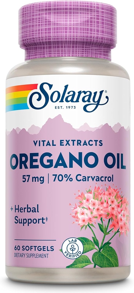 SOLARAY Oregano Oil 57 mg - Olie af Oregano Softels - Urtetilskud til total sundhed og wellness support w / 70% Carvacrol - Ekstra Virgin Olivenolie Base, 60- dag garanti, 60 Serv, 60 Softgel