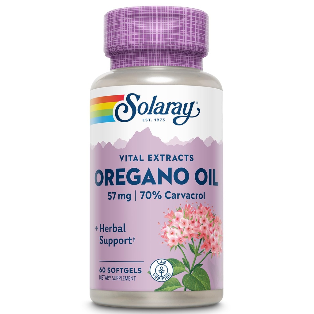 SOLARAY Oregano Oil 57 mg - Olie af Oregano Softels - Urtetilskud til total sundhed og wellness support w / 70% Carvacrol - Ekstra Virgin Olivenolie Base, 60- dag garanti, 60 Serv, 60 Softgel