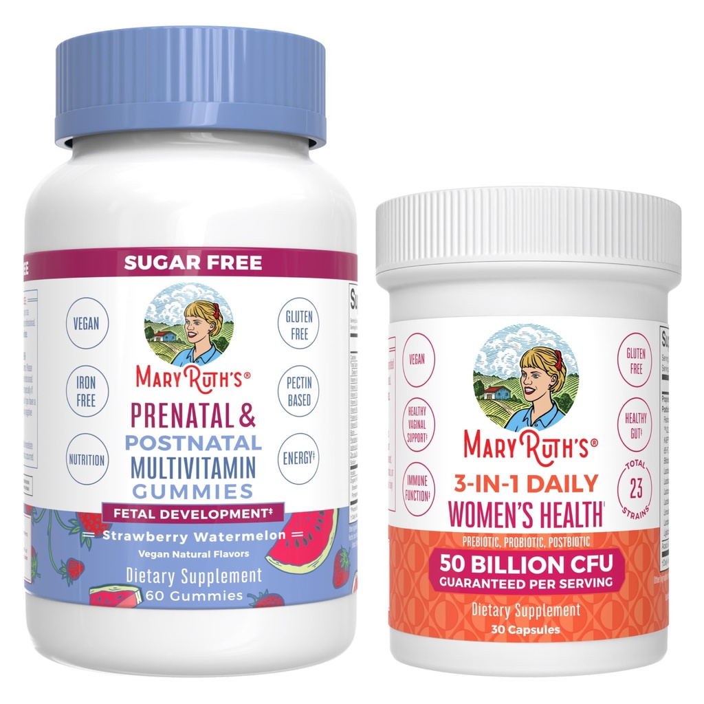MaryRuth Organics prænatal Postnatal Multivitamin Gummies (Strawberry) & Women 's 3- in-1 Daily Probiotic Capsules Measures 124; Clean Label Project Verified ® Measures 124; Amning & Gut Health Measures 124; Vegan, Non- GMO
