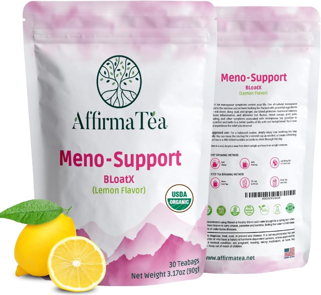 Meno-Support BloatX Organic Menopause Relief: Balancer & støtter Hot Flashes, Hormon, Moods Swings, Night Sweats, & Bloating med Black Cohosh, Red Clover & Dong Quai. Natural Frisk Lemon Flavor.