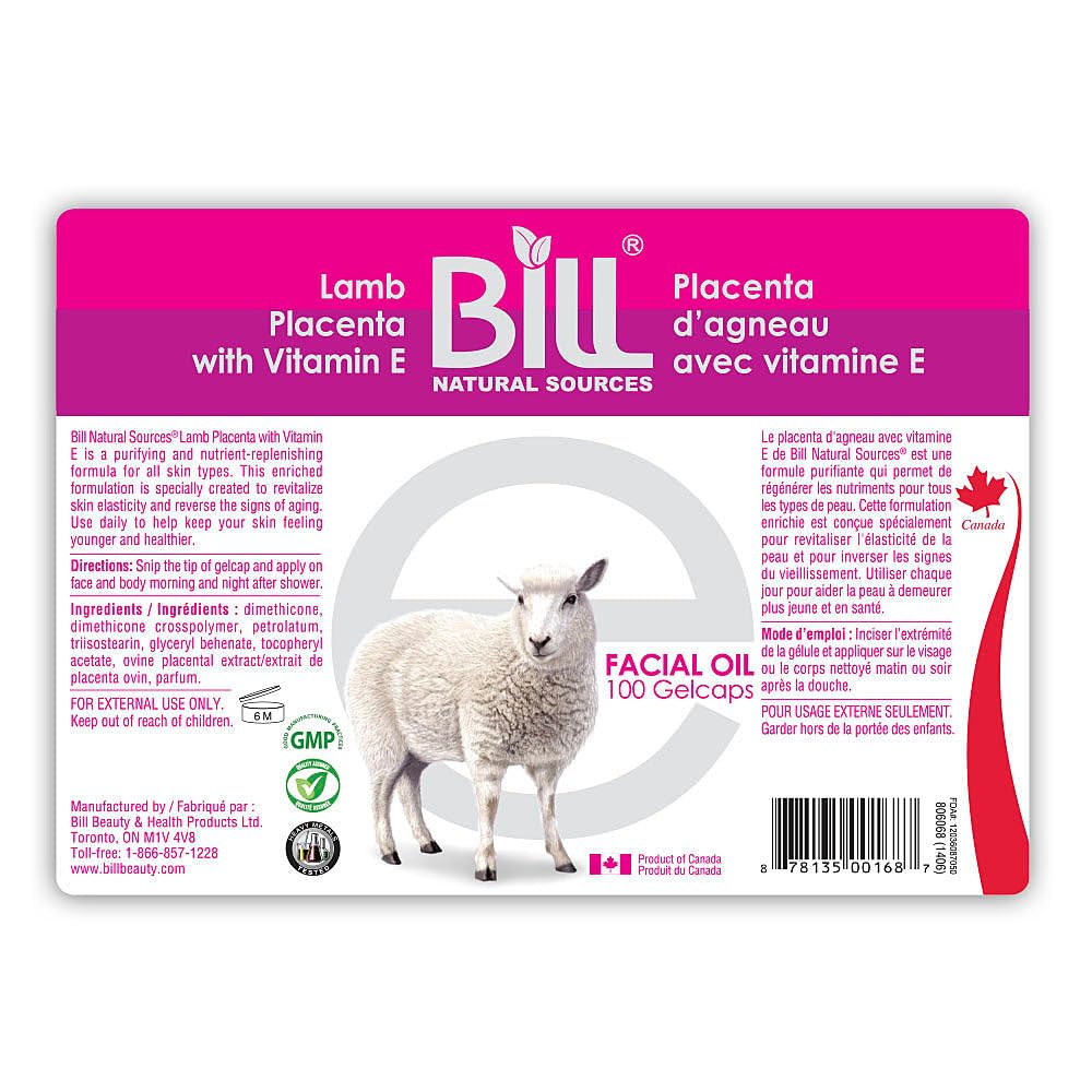 Bill naturlige kilder Lamb Placenta med E-vitamin, 100 Gelcaps - forynger kedeligt hudceller og revitaliserer hudens celler elasticitet